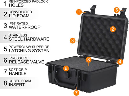 MEIJIA Portable Waterproof Protective Hard Case,Compact Camera Case with Customizable Fit Foam,Elegant Black,Fit for Drones,Camera,Lens, 9.17inchx7.56inchx4.33inch, Black, Dry Case