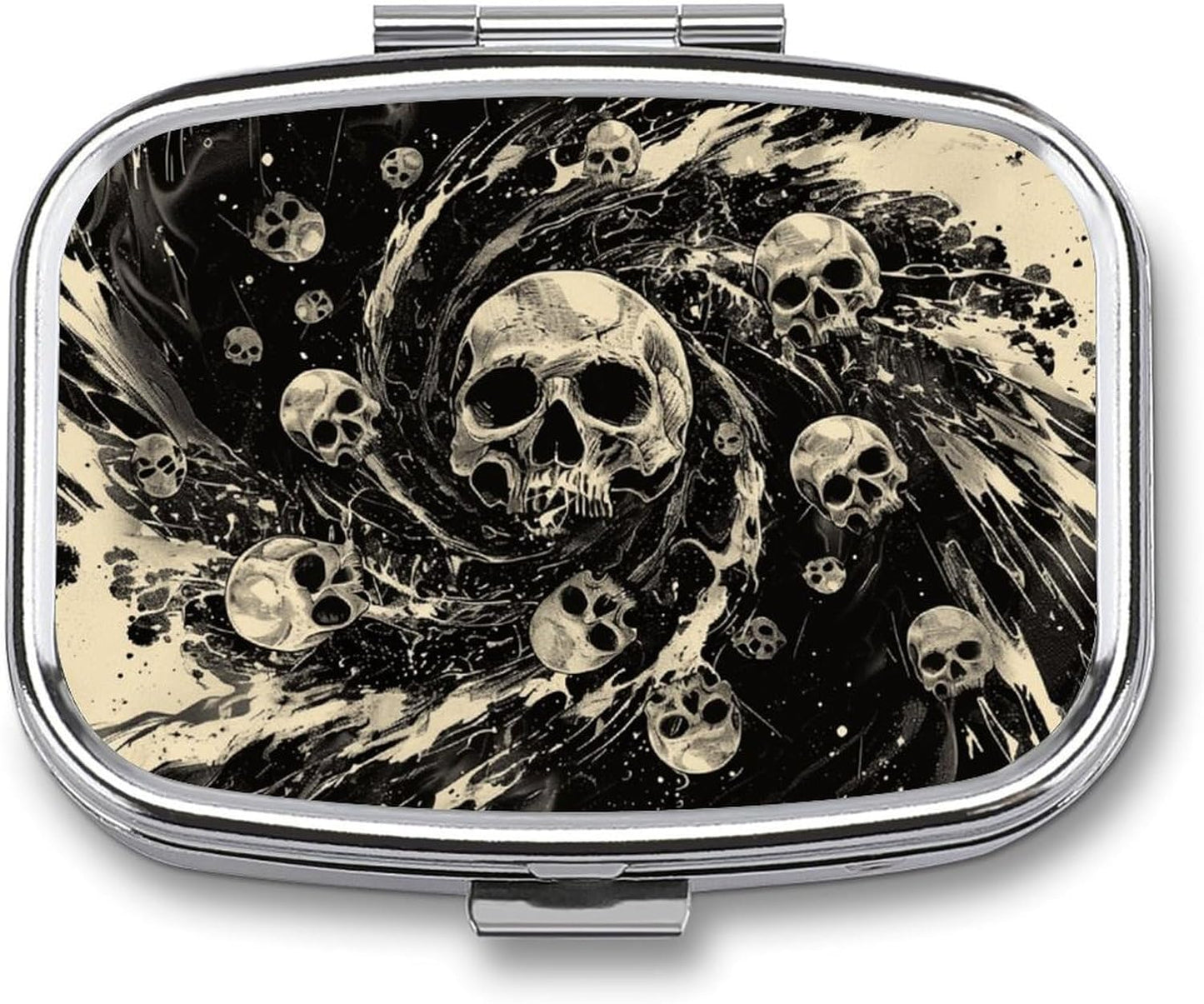 Metal 2 Compartment Pill Organizer Travel Friendly Portable Compact Pill Box Cute Pill Case,for Pocket Wallets Daily Portable Medicine Vitamin Tablet Storage (The Skeleton in The Vortex)