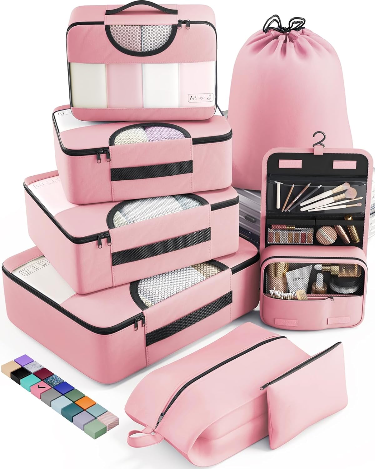 Veken 8 Set Packing Cubes for Travel Essentials, Pink Suitcase Organizer Bags in 4 Sizes, Carry-On Luggage Accessories with Large Laundry & Hanging Toiletry Bag, Must-Have for Airplane, Road Trip