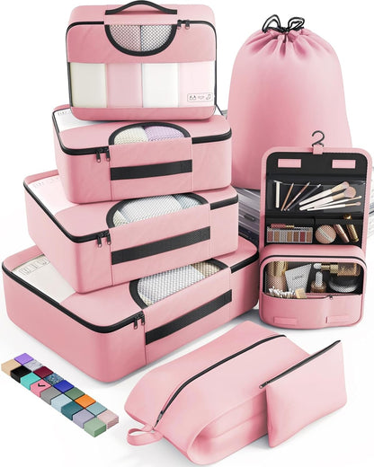 Veken 8 Set Packing Cubes for Travel Essentials, Pink Suitcase Organizer Bags in 4 Sizes, Carry-On Luggage Accessories with Large Laundry & Hanging Toiletry Bag, Must-Have for Airplane, Road Trip