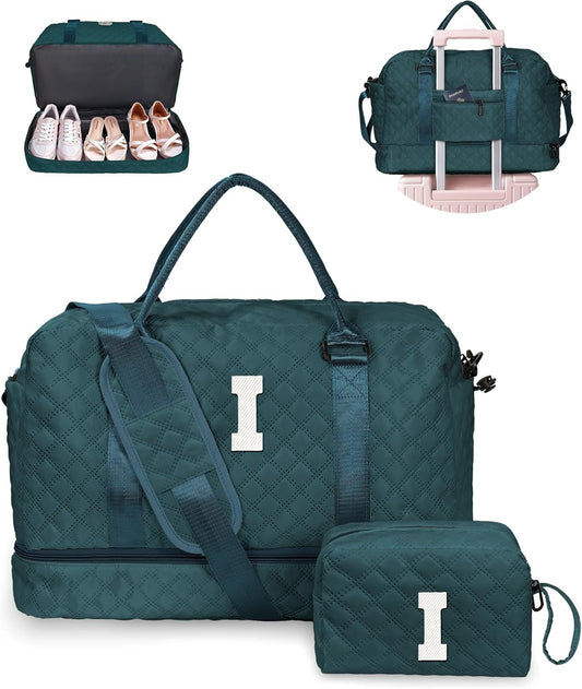 Gifts for Women-Initial Kids Duffel Bags with Shoe Compartment, Women Weekender Bag, Monogram Overnight Bag for Women, Letter Travel Bag with Makeup Bag Bride Gifts Birthday Gift (Letter I)