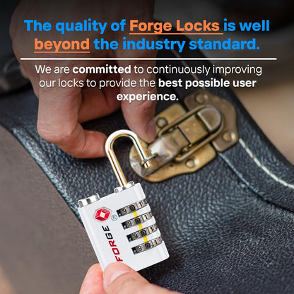 Forge Dual-Opening: Key or Combination Access Lock, TSA Approved Locks for Luggage, Pelican case, Travel, Gym, School, Stainless Steel Shackle. (White, 2 Pk)