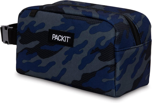 PackIt Freezable Snack Box, Sporty Camo Charcoal Navy, Built with ECOFREEZE Technology, Collapsible, Reusable, Zip Closure with Buckle Handle, Great for All Ages and Fresh Snacks on the go