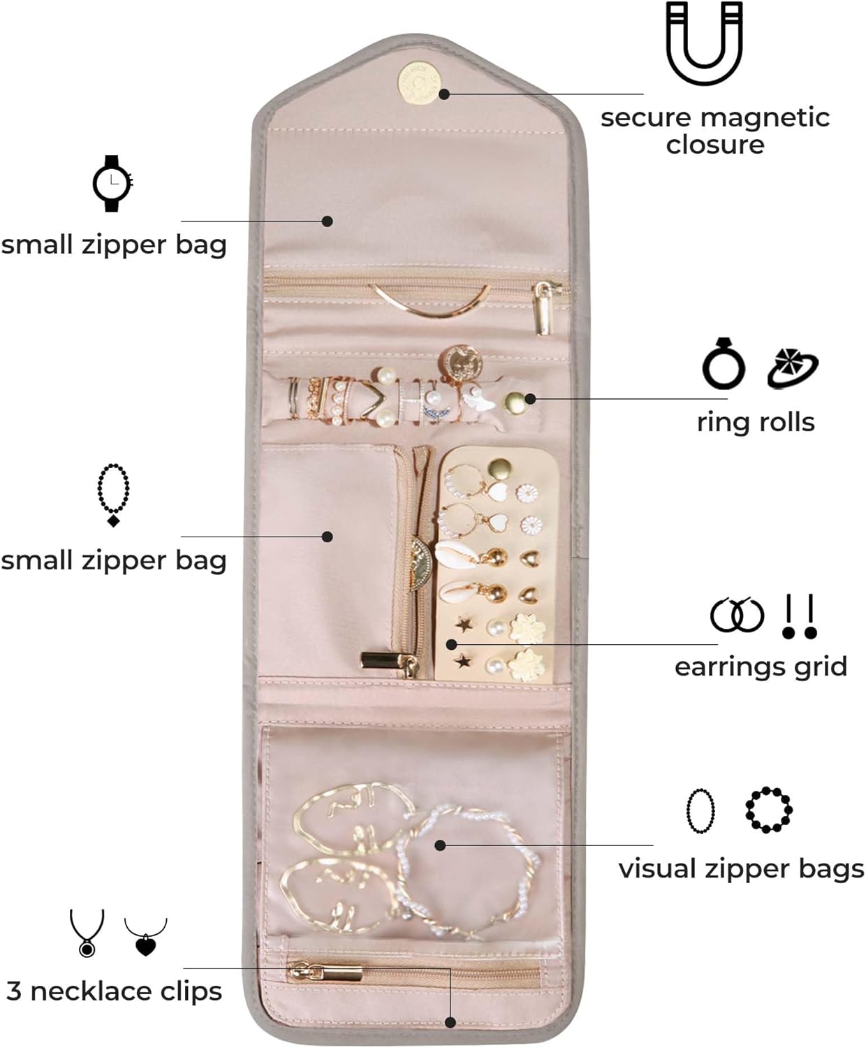 BAGSMART Travel Jewelry Organizer Case Foldable Jewelry Roll for Journey Rings, Necklaces, Earrings, Bracelets,Mini,Warm Gray