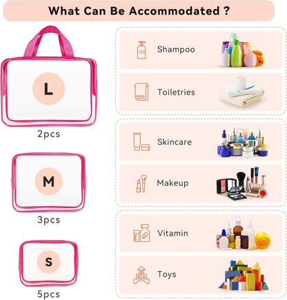 TISRATOK 10 PCS Clear Travel Makeup Toiletry Bag, Plastic PVC Cosmetic TSA Approved Organizer Kit with Zipper Handbag（Rose Red）