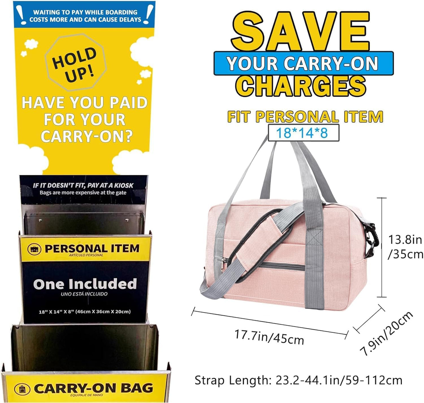For Spirit Airlines Personal Item Bag 18x14x8 in Underseat Carry-on Luggage foldable Travel Duffle Bag for Airplanes(30L, Pink)