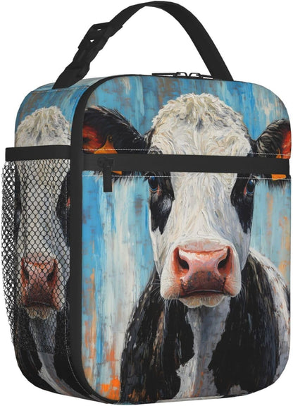 Cow Lunch Box for Kids Aldults, Realistic Animal Reusable Thermal Insulation Cooler Tote Bags, Black White Calf Pattern Insulated Bag for Student, School Picnic Camping Travel, Gifts