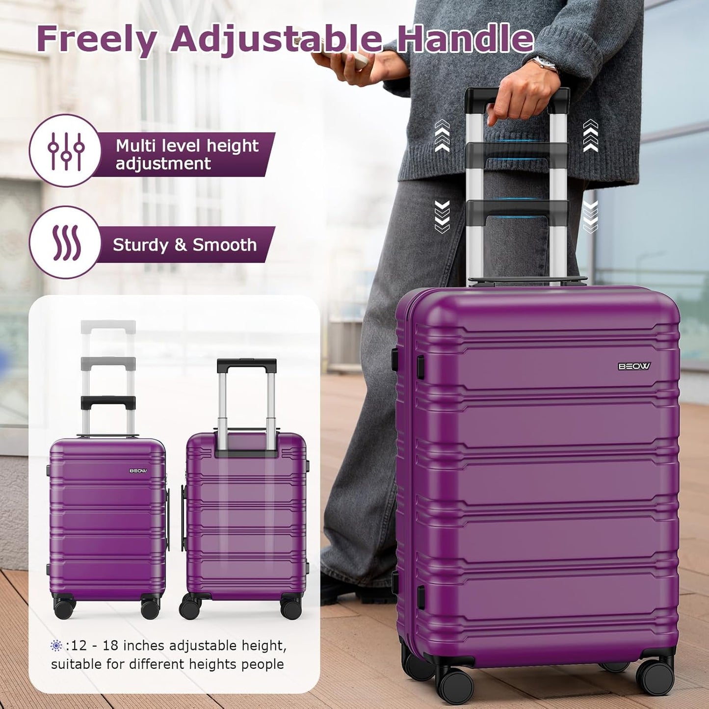 BEOW 3 Piece Luggage Sets For Women with Spinner Wheels, Durable Polycarbonate Hardside Expandable Suitcase Sets 3 Pcs, Stylish Lightweight Travel Luggage with TSA Lock 20 24 28 Inch Purple