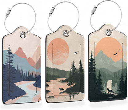 Mystic Wolf Sunset 3 Pack Luggage Tags for Suitcases, Minimalist Mountain River PU Leather Luggage Tag for Travel, Bag Tags with Privacy Name ID Card and Steel Loop for Women Men
