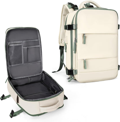 coowoz Large Travel Backpack for Women Men,Carry On Backpack Flight Approved,Hiking Backpack Outdoor Rucksack Casual Daypack Fit 15.6 Inch Laptop Shoes Compartment White Green L