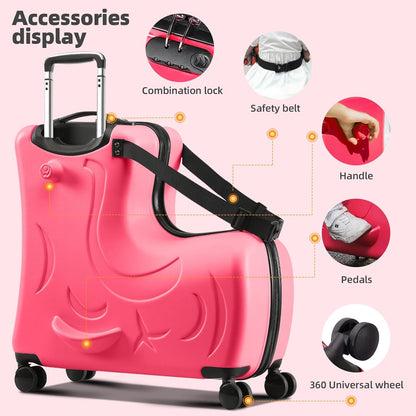 Ride on Hard Shell Kids Luggage with 4 Spinner Wheels for Girls and Boys, Rolling Childrens Travel Suitcase with Seat and Safety Belt for Toddler Ages 6-12, Checked size 25 Inch, Red