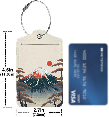 Mount Fuji 2-Pcs Premium Leather Tags with Privacy Covers,Luggage Tag Stainless Steel Loops Ideal for Suitcases, Travel Bags, Backpacks