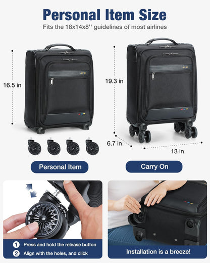 Lekebobor 16 Inch Underseat Carry On Luggage with Wheels, Softside Small Personal Item Suitcase Airline Approved, Under Seat Luggage for Women Men Travel Business, Black