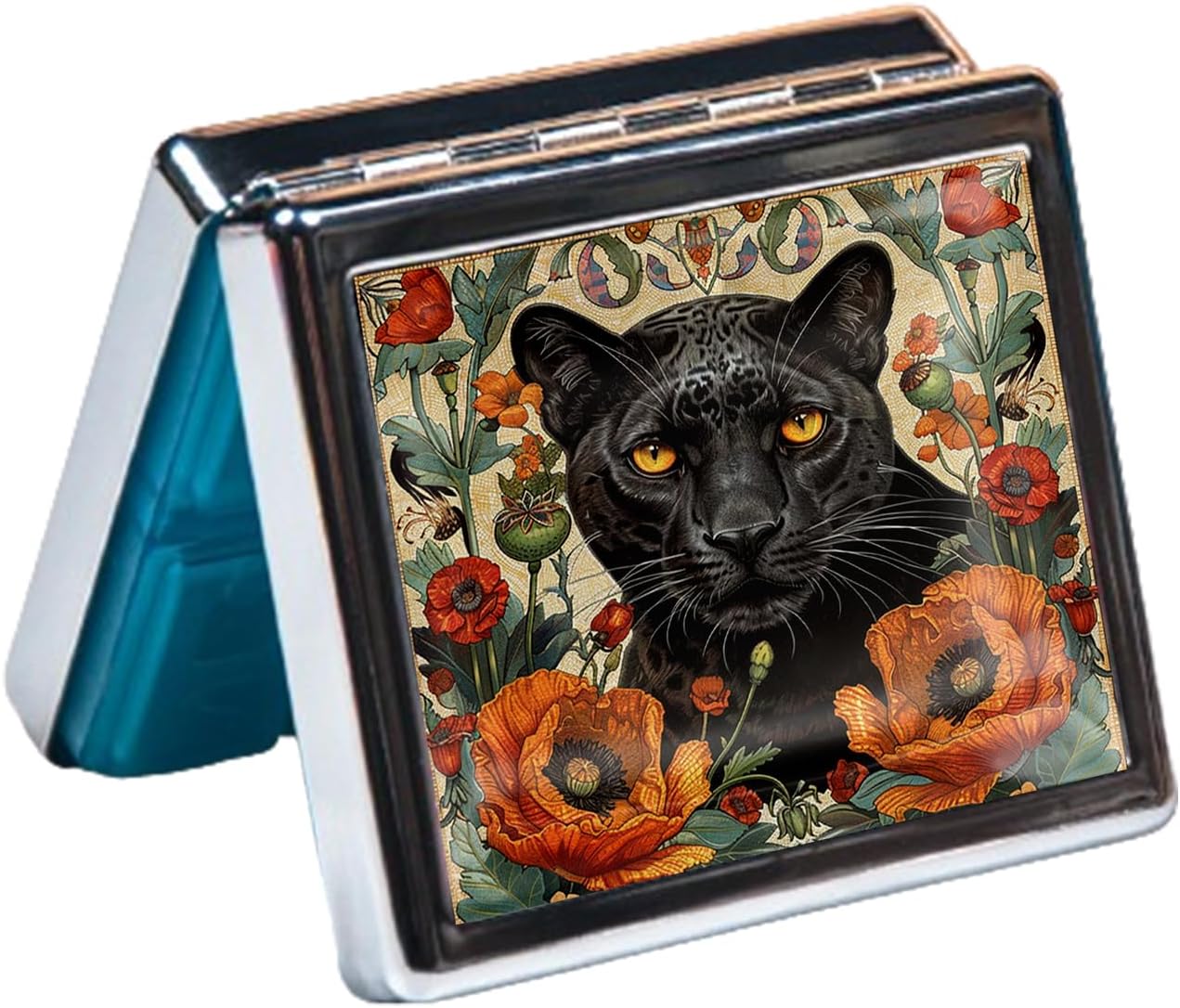 Cute and Portable Metal Pill Organizer – 8 Compartments, Elegant Chrome Finish, Ideal for Travel and Daily Use (Black Panther Art)