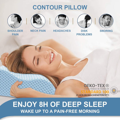 Anvo Memory Foam Pillow, Neck Contour Cervical Orthopedic Bed Pillow for Sleeping Side Back Stomach Sleeper, Ergonomic Design for Neck and Shoulder Pain Relief, Blue White, Firm