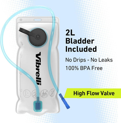 Vibrelli Hydration Backpack & 2L Hydration Bladder - High Flow Bite Valve - Hydration Pack for Cycling, Running, Hiking
