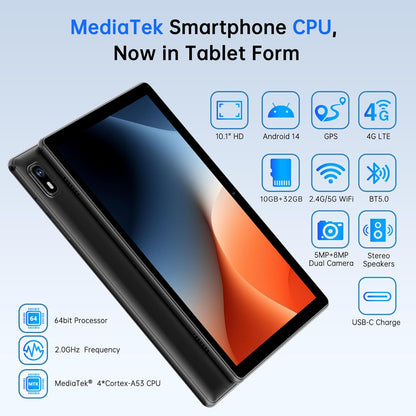 HAOVM Android 14 Tablet 10.1 Inch,4G SIM Unlocked, Quad-Core CPU 2.0GHz,3GB+32GB, TF Expandable, IPS Display, 5G WiFi, Bluetooth 5.0,5MP+8MP Dual Cameras,5000mAh, GPS, Google Kids Space，Black case