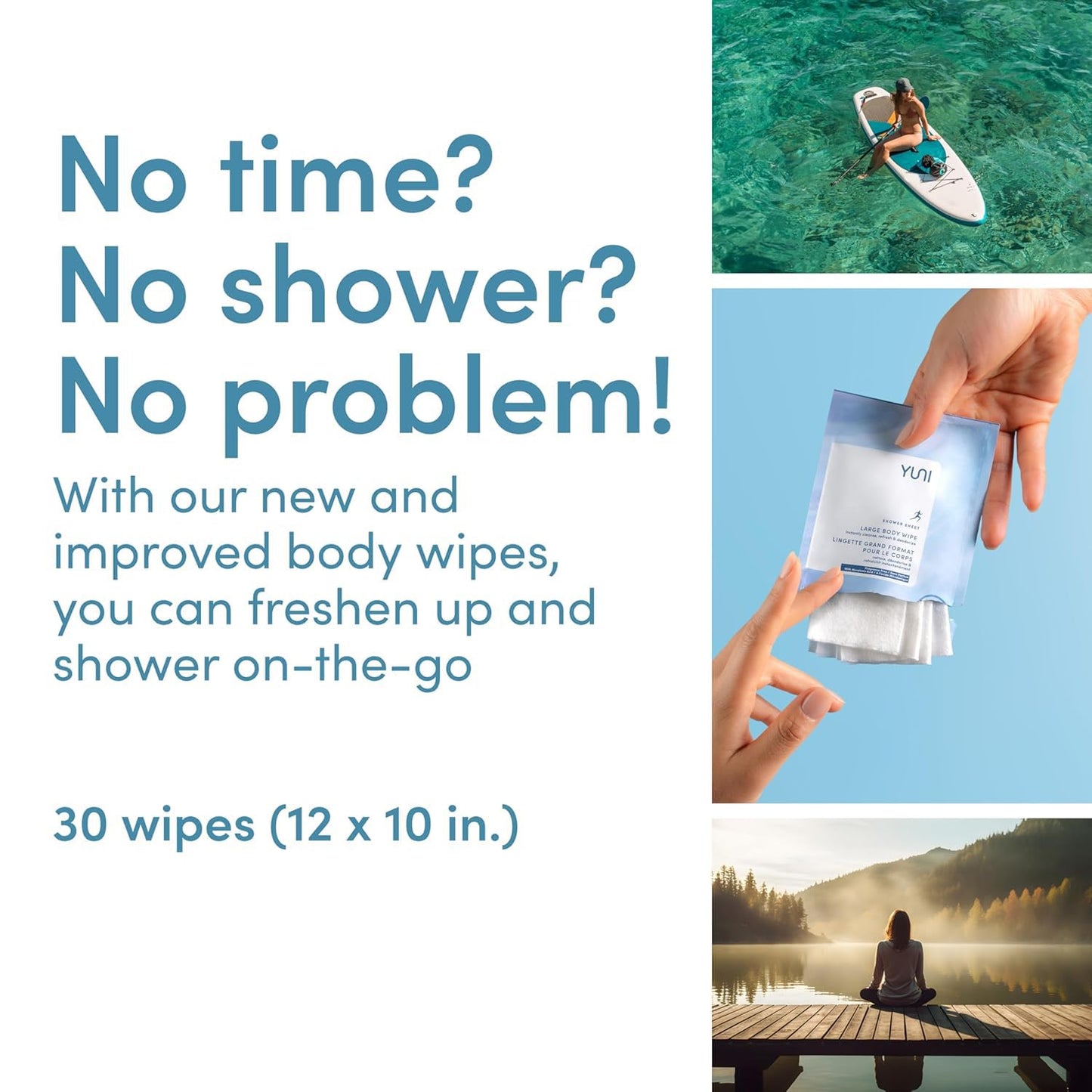 YUNI Beauty Large Body Wipes (Unscented, 30 Count) Super Soft Moist Showerless that Cleanse & Deodorize - On-the-Go Waterless Body Cleanser - Biodegradable Individually Wrapped Wipes for Travel