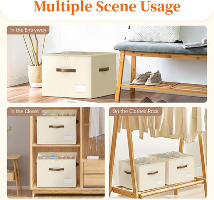 Shoe Organizer for Closet, Foldable Shoe Storage Containers, Fits up to 16 Pairs, Large Shoe Storage Organizer Box Cubby Baskets Bins with Clear Cover and Reinforced Handles, Beige