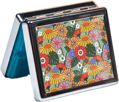Silver Vintage Pill Box 7 Day Metal Pill Box with Mirror and 8 Compartments Cute Travel Pill Organizer for Purse (Retro Summer Floral)