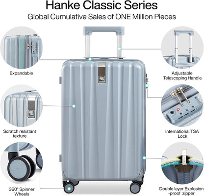 Hanke 20 Inch Expandable Carry on Luggage 22x14x9 Airline Approved Lightweight PC Hard Shell Suitcases with Wheels Travel Luggage Rolling Suitcase Travel Luggage Bag for Weekender(Gray)
