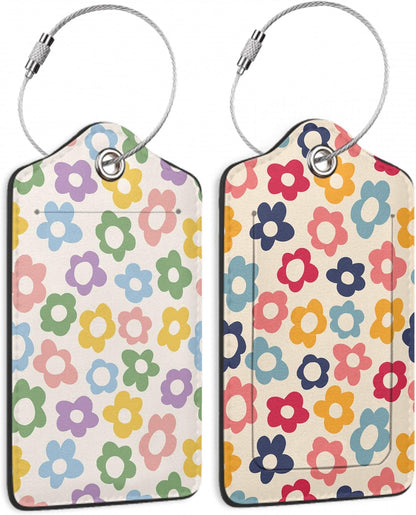 2 Pack Luggage Tag for Suitcase, Vintage Groovy Flower Leather Bag Tags Identifiers Privacy Cover ID Label with Durable Steel Loop for Women Men Kids Girls Travel