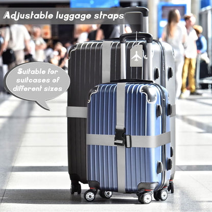 Weewooday 8 Pcs Luggage Straps Suitcase Tags Set for TSA Approved, 4 Travel Adjustable Suitcase Belt, 4 Silicone Luggage Tags with Name ID Card Travel Accessories(Light Gray,Airplane)