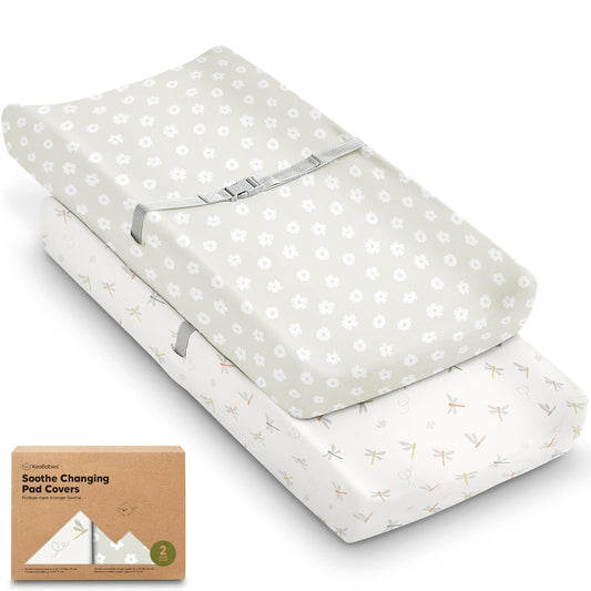 2-Pack Organic Changing Pad Covers for Girl, Boy, Neutral - 100% Cotton Changing Table Pad Cover, Soft Baby Nursery Diaper Changing Pad Sheets, Contour Changing Pads Liners, Change Pad Cover (Meadow)