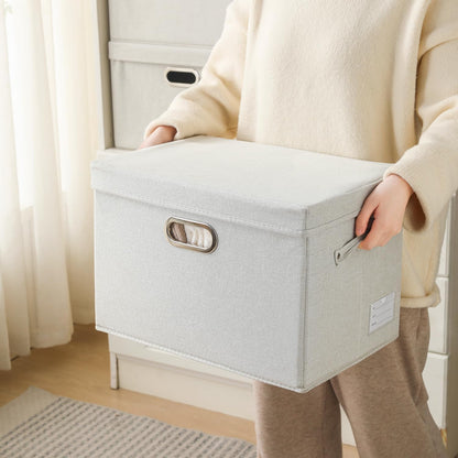 PRANDOM Large Collapsible Storage Containers with Lids [5-Pack] Fabric Foldable Storage Bins Boxes Organizer Baskets Cube with Cover for Home Bedroom Closet Office Beige(17.3x11.8x11.8)
