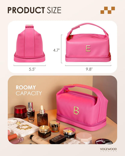 Gifts for Women 50s, Personalized Makeup Bag with Handle, Initial Double Layer Cosmetic Bag with Makeup Brush Organizer, Cute Cosmetic Pouch for Women, Gifts for Friends Female Mom