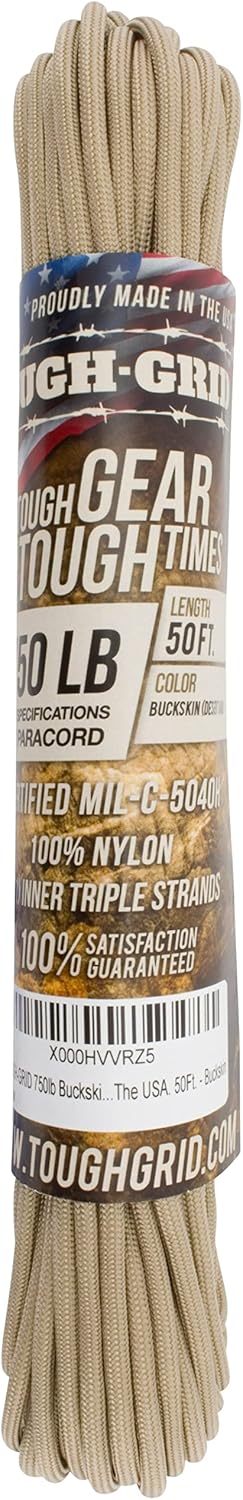 TOUGH-GRID 750 Paracord Rope Nylon Parachute Cord, Made in USA Survival Kit, Outdoor Adventures, Camping, Tactical Gear & Emergency Supplies, Military Type IV Mil-Spec
