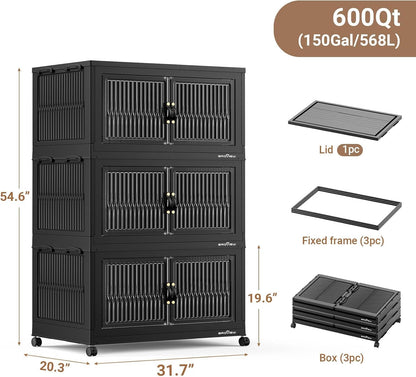 BROVIEW 600Qt Extra Large Stackable Storage Bins with Lid, Closet Organizer Collapsible Drawer Boxes with Wheels, Folding Plastic Cabinet Containers for Home Kitchen Room Organization, 3Pack Black