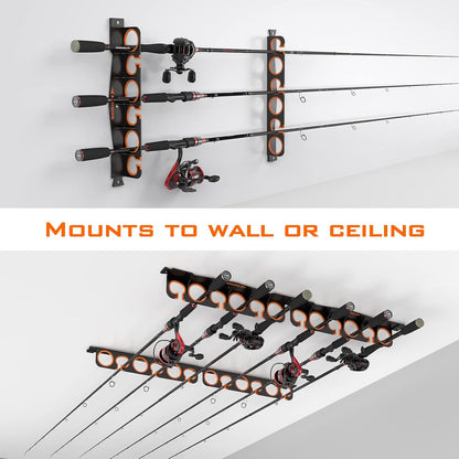 KastKing SafeGuard Fishing Rod Holder for Garage, Wall or Ceiling Mounted Fishing Rod Rack Storage Organizer, Fishing Pole Holder Holds 12 Rods or Combos in Less Than 36 Inches