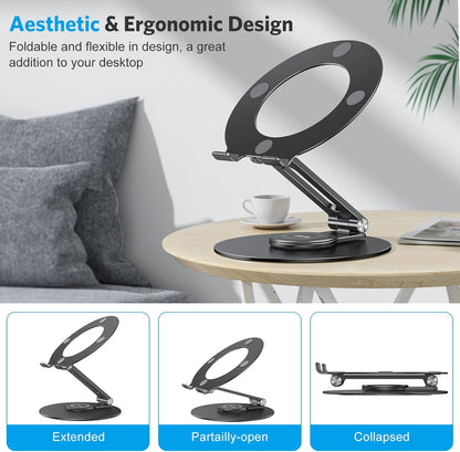 OMOTON Adjustable Laptop Stand with 360 Rotating Base, Ergonomic Laptop Riser for Collaborative Work, Dual Rotary Shaft Fully Foldable for Easy Storage, Fits All Laptops up to 16 inches, Black