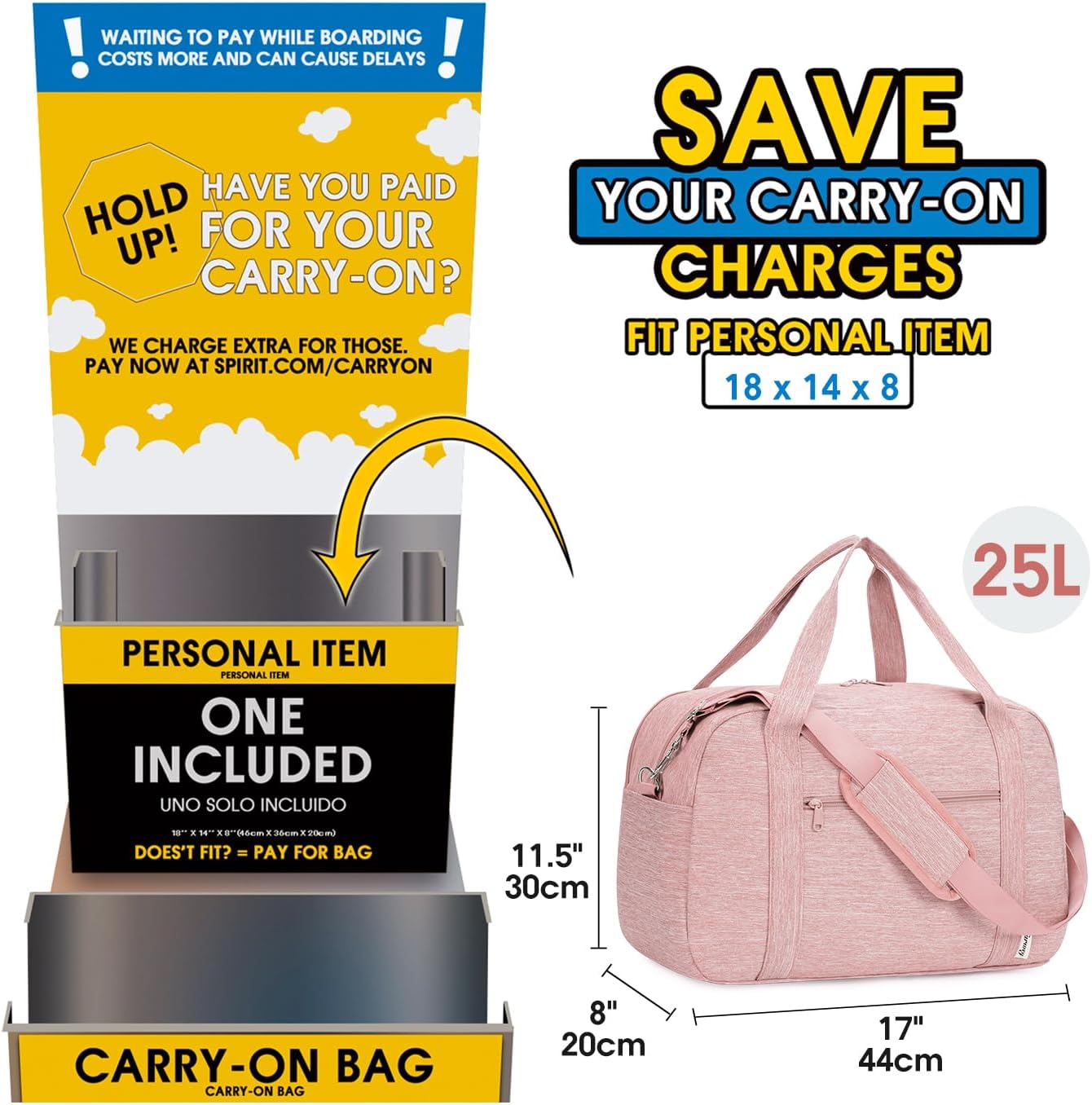 Narwey 18" Carry on Bag with Laptop Compartment 14 Inch Travel Duffel Bag for Spirit Airlines Personal Item Bag Overnight Weekender Bag with Wet Pocket for Women and Men (Pink)