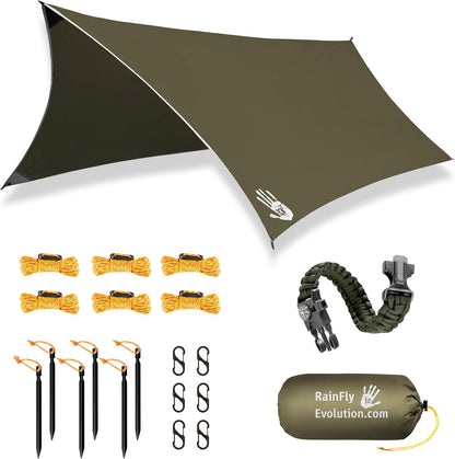 Rain Fly 12x10 Lightweight Survival Camping Tarp; 100% Waterproof; Makes a Great Backpacking Tarp or Hammock Shelter; Comes in Multiple Colors, Survival Bracelet Included; OD-Green