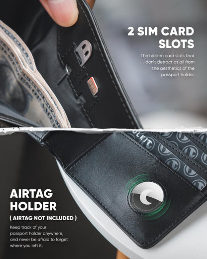 VULKIT Passport Holder with Airtag Holder RFID Blocking Passport Wallet Travel Leather Passport for Women(Iron Black)