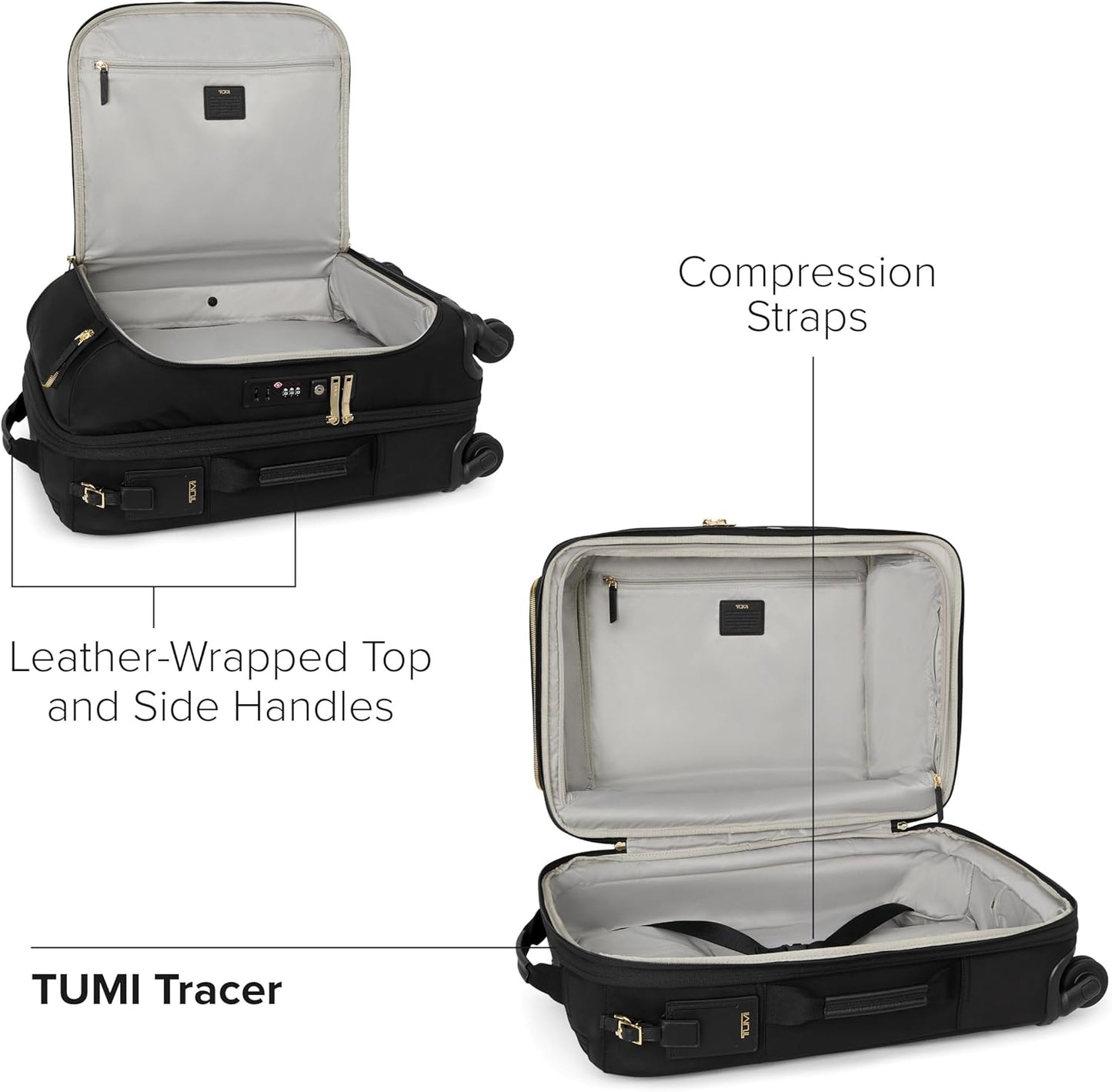 TUMI - Voyageur Leger 4 Wheeled Luggage - Women's Lightweight and Spacious, Sleek Silhouette, Durable Premium Suitcase - 21.8" International Expandable Carry-On, Black with Gold Hardware