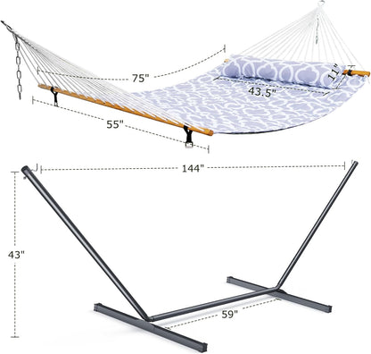 Double Hammock with Stand for Outdoor, Heavy Duty Portable Hammock with Adjustable Steel Stand for Patio, Garden, Beach, Backyard - Includes Carrying Bag,Round Gray