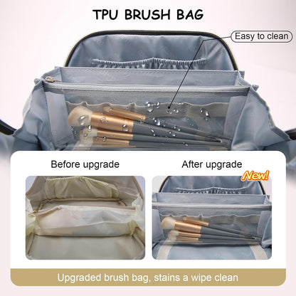 Travel Makeup Bags for Women Cosmetic Bag: Puffy Make up Bags Set of 3 - Vegan Leather Makeup Organizer - Waterproof Large Toiletry Bag with Compartments - Travel Essentials (Khaki)