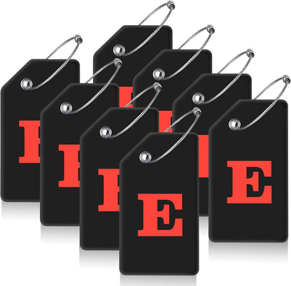 8 Pcs Luggage Tags for Suitcases, 26 Initial Letter Travel Luggage Baggage Identification Labels ID Tags Fully Bendable Tags with Stainless Steel Loop (Letter E, Black)