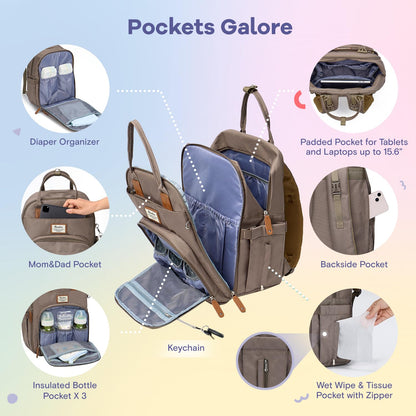 RUVALINO Diaper Bag Backpack, Multifunction Travel Pack Maternity Baby Changing Bags, Large Capacity, Waterproof, Khaki