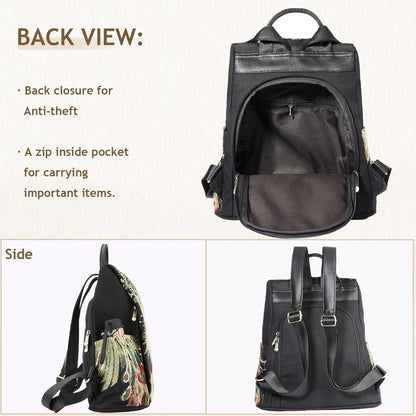 Jursccu Glitter Embroidery Women Backpack Purse, Fashion Canvas Travel Anti-theft Rucksack Shoulder Bag (Black)
