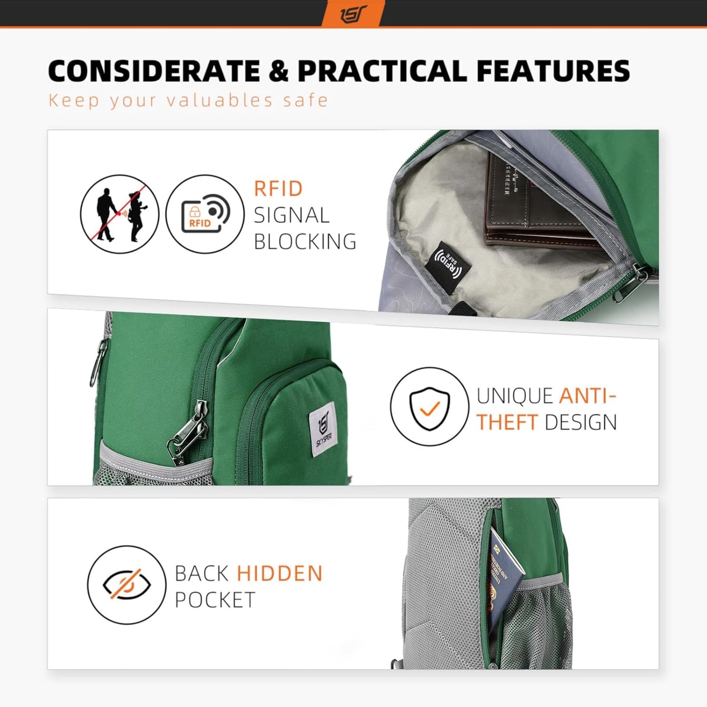 SKYSPER Sling Bag RFID Crossbody Sling Backpack Cross Body Shoulder Bag Travel Hiking Daypack for Women Men