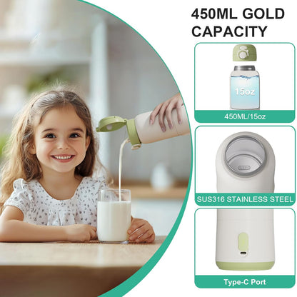 Portable Bottle Warmer for Travel, 15oz Capacity Portable Milk Warmer for Baby, Formula, Breast Milk & Water, On The Go Bottle Warmer with Long Battery Life, Even Heating, Precise Temperature Control
