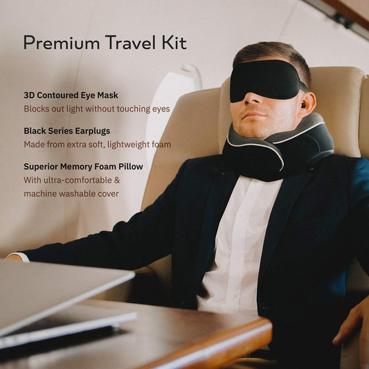 Orthopedic Neck Pillow, Travel Neck Pillows for Airplanes, Memory Foam Kit, 360° Head Support, Airplane Pillow Set with 3D Contoured Eye Masks, Earplugs, and Luxury Mesh Bag (Black)