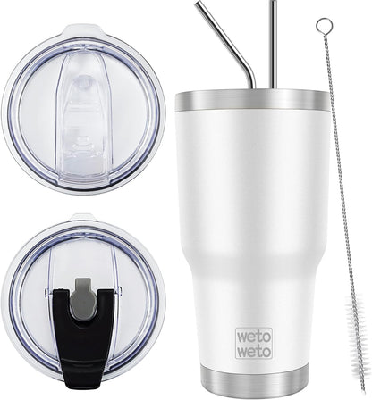 WETOWETO 30 oz Stainless Steel Tumbler, Insulated Coffee Tumbler Cup with 2 Lids and 2 Straws, Double Walled Travel Coffee Mug for Hot & Cold Drinks (White, 1 Pack)