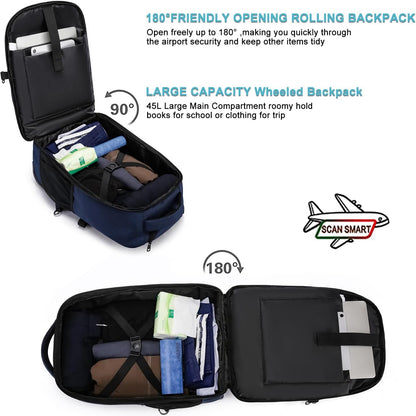 Rolling Backpack for Adults, 17inch Laptop Travel Backpack with Wheels Waterproof Roller Backpacks for Women Men Student Large College Business Suitcase Carry on Luggage Bag Wheeled Bookbag, Blue
