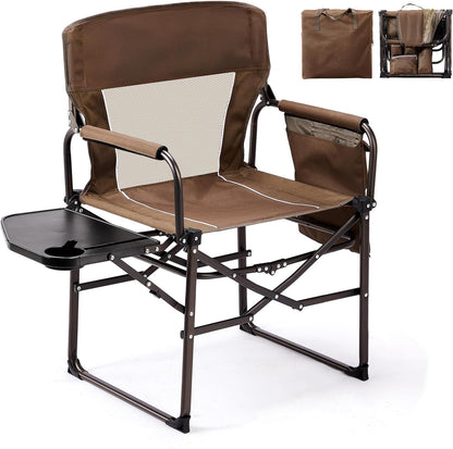 VINGLI Camping Chairs, Directors Chair, Camping Chair with Side Table & Carry Bag，Heavy Duty Camping Chairs for Adults, Portable Folding Camping Chair, Pocket for Beach, Fishing,Trip,Picnic,Lawn-Brown