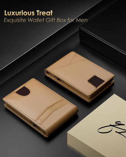Wallet for Men - RFID Blocking [Functional & Practical] Bifold Slim Minimalist Credit Card Holder Pop Up Metal Case with Cash Slot Front Pocket with ID Window, Gift Boxed (Brown)